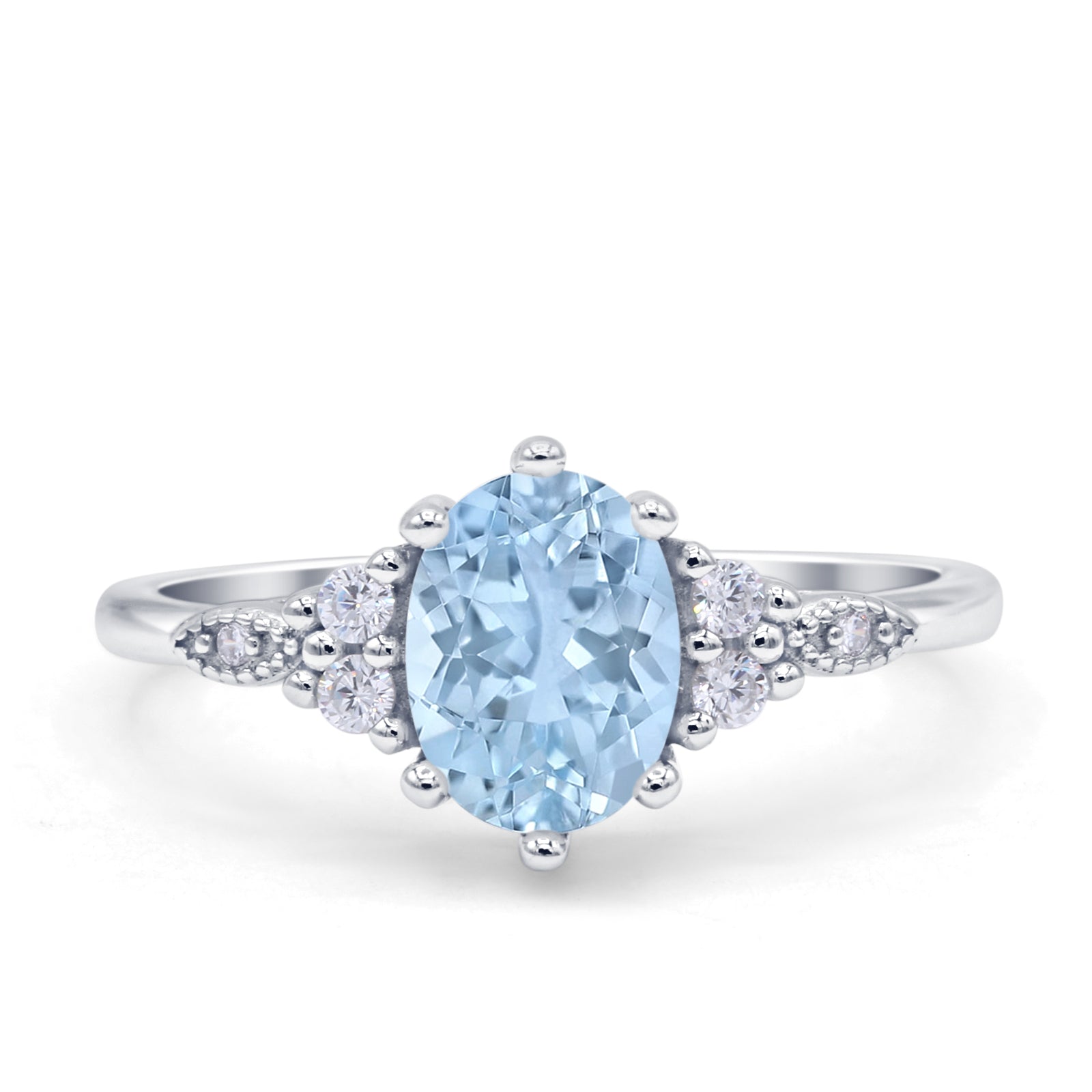 Antique Style Oval Natural Aquamarine Art Deco Engagement Ring