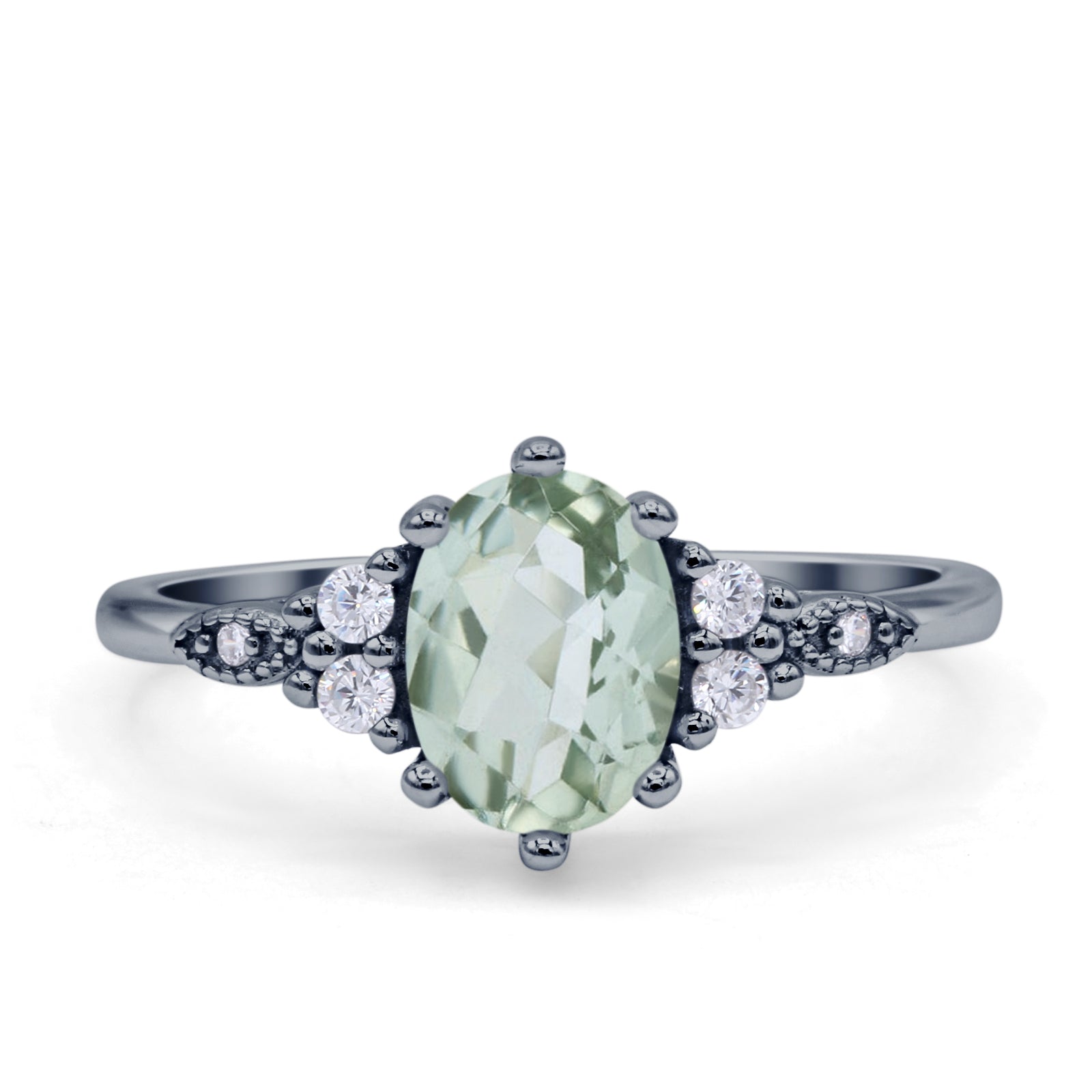 Antique Style Oval Natural Green Amethyst Art Deco Engagement Ring