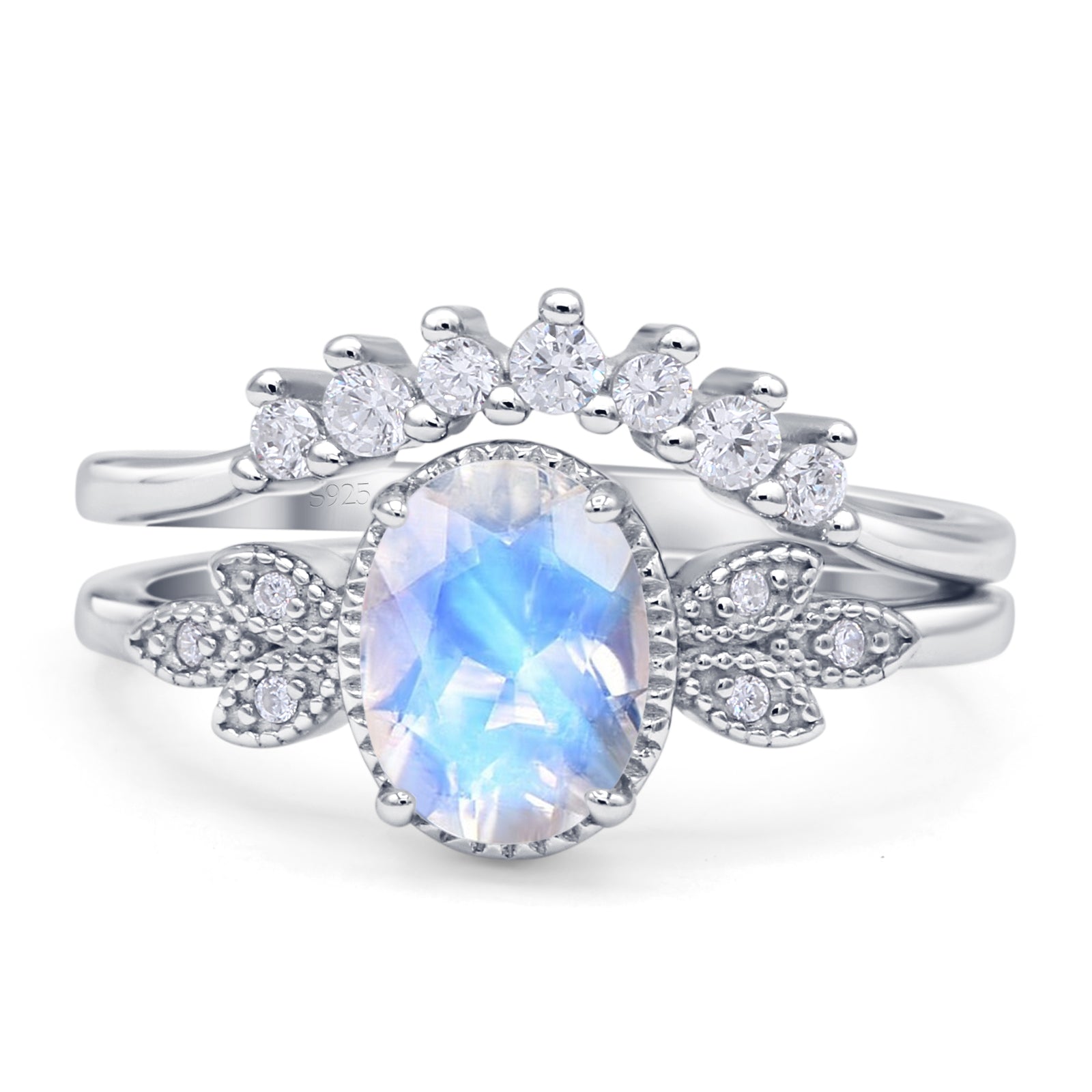 Vintage Oval Natural Moonstone Art Deco Bridal Set Engagement Ring