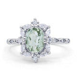 Art Deco Oval Natural Green Amethyst Halo Ballerina Style Engagement Ring