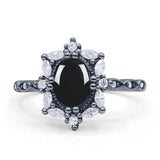 Art Deco Oval Natural Black Onyx Halo Ballerina Style Engagement Ring