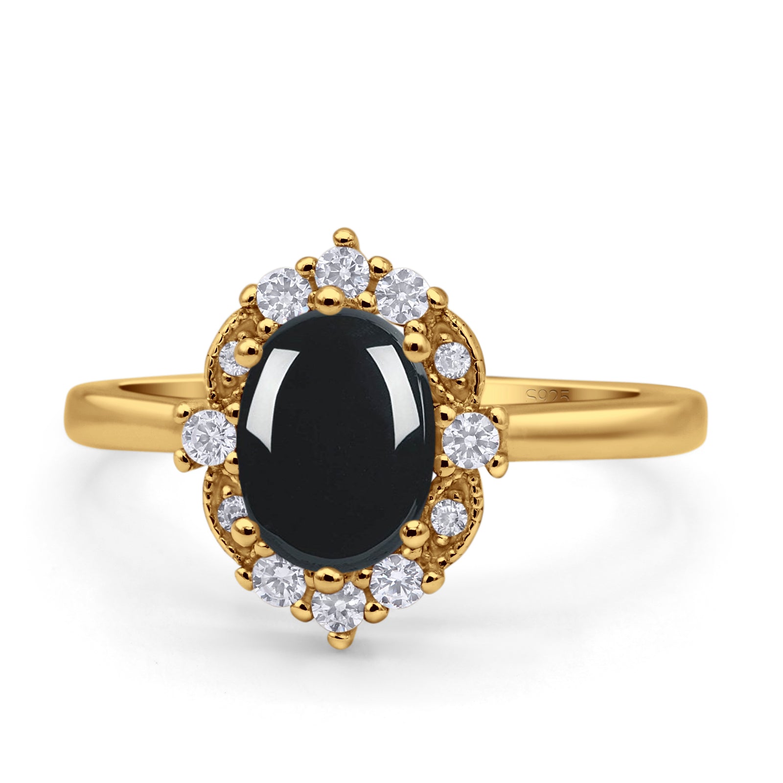 Halo Ballerina Style Oval Natural Black Onyx Solitaire Engagement Ring