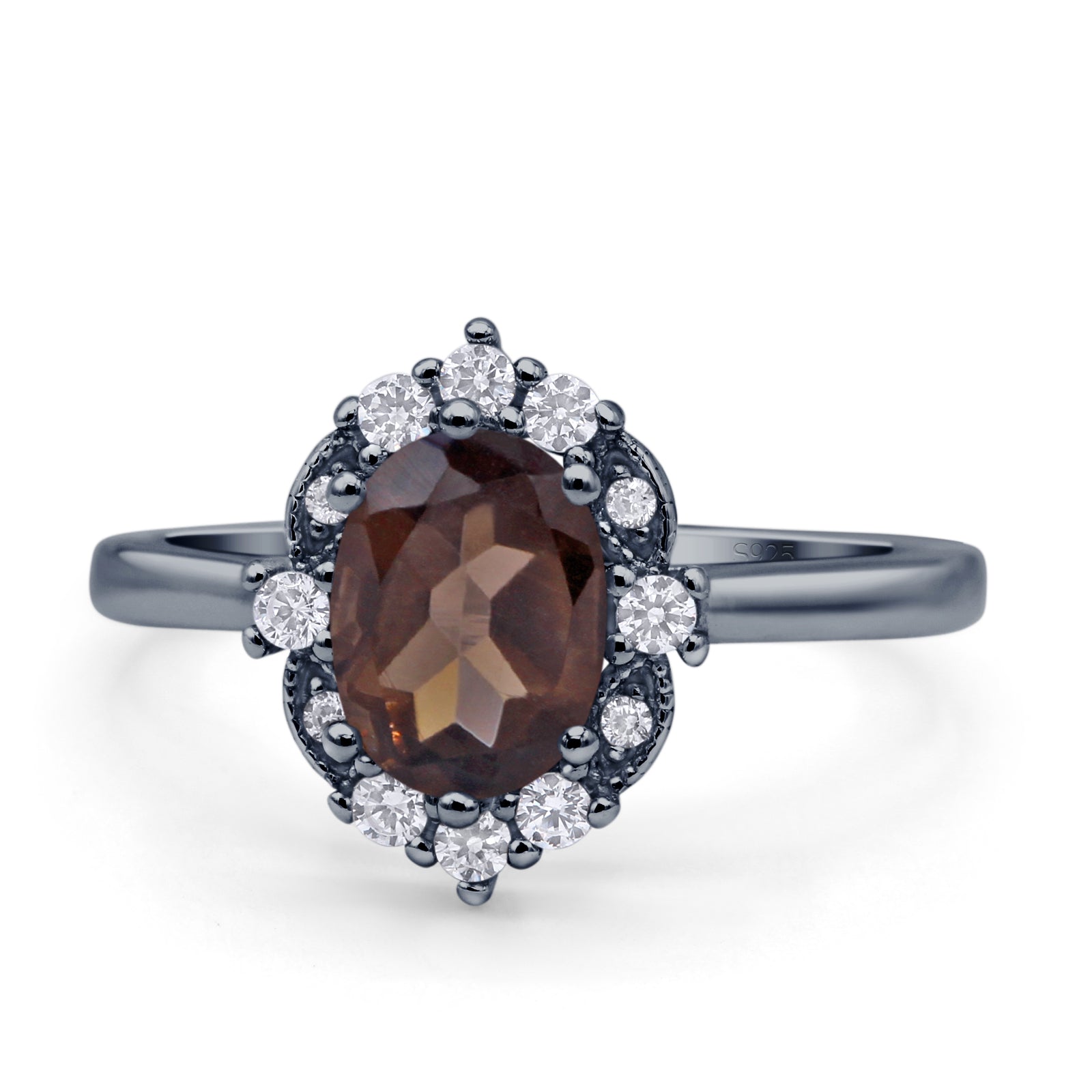 Halo Ballerina Style Oval Natural Smoky Quartz Solitaire Engagement Ring
