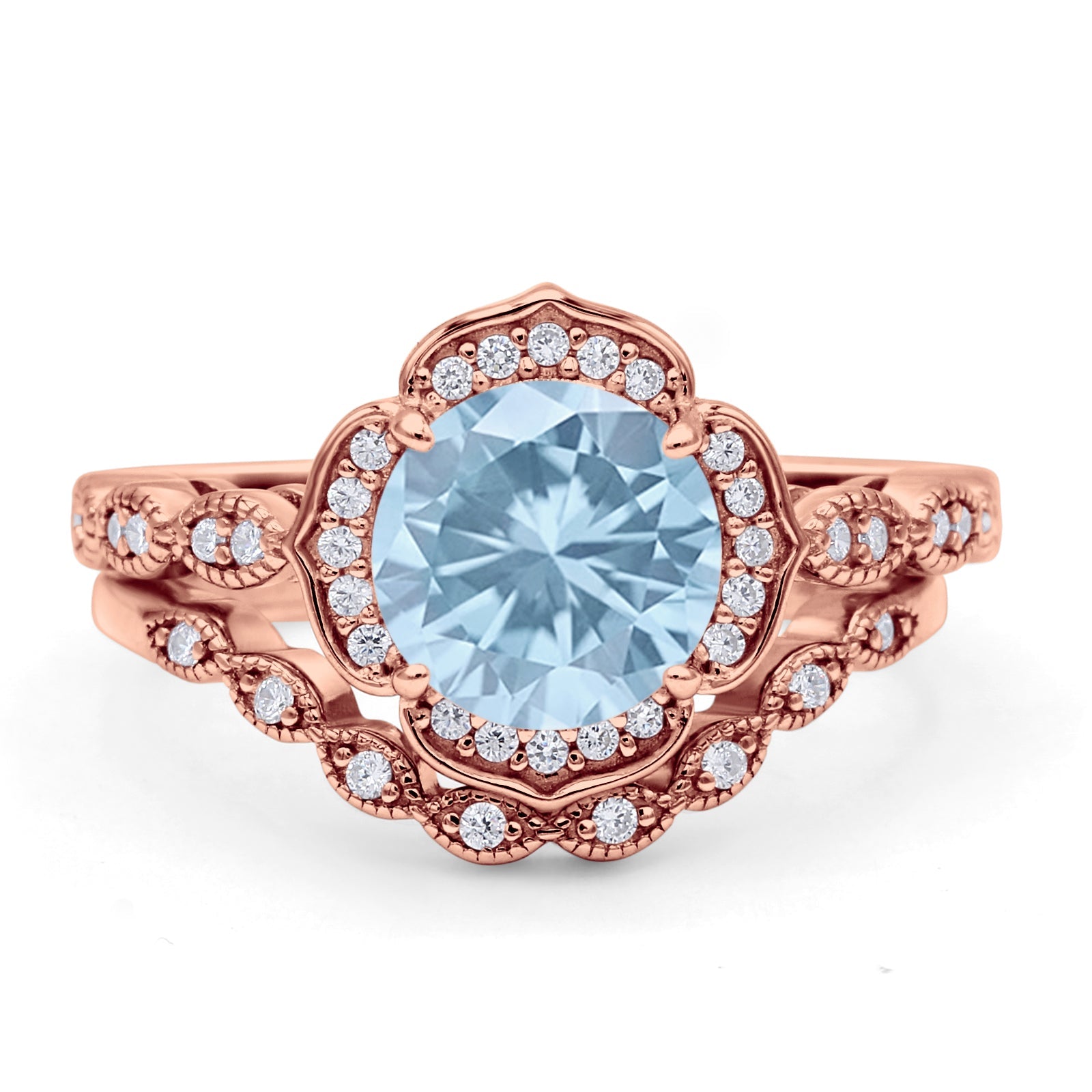 Vintage Style Round Natural Aquamarine Floral Bridal Set Engagement Ring