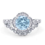 Vintage Style Round Natural Aquamarine Floral Bridal Set Engagement Ring