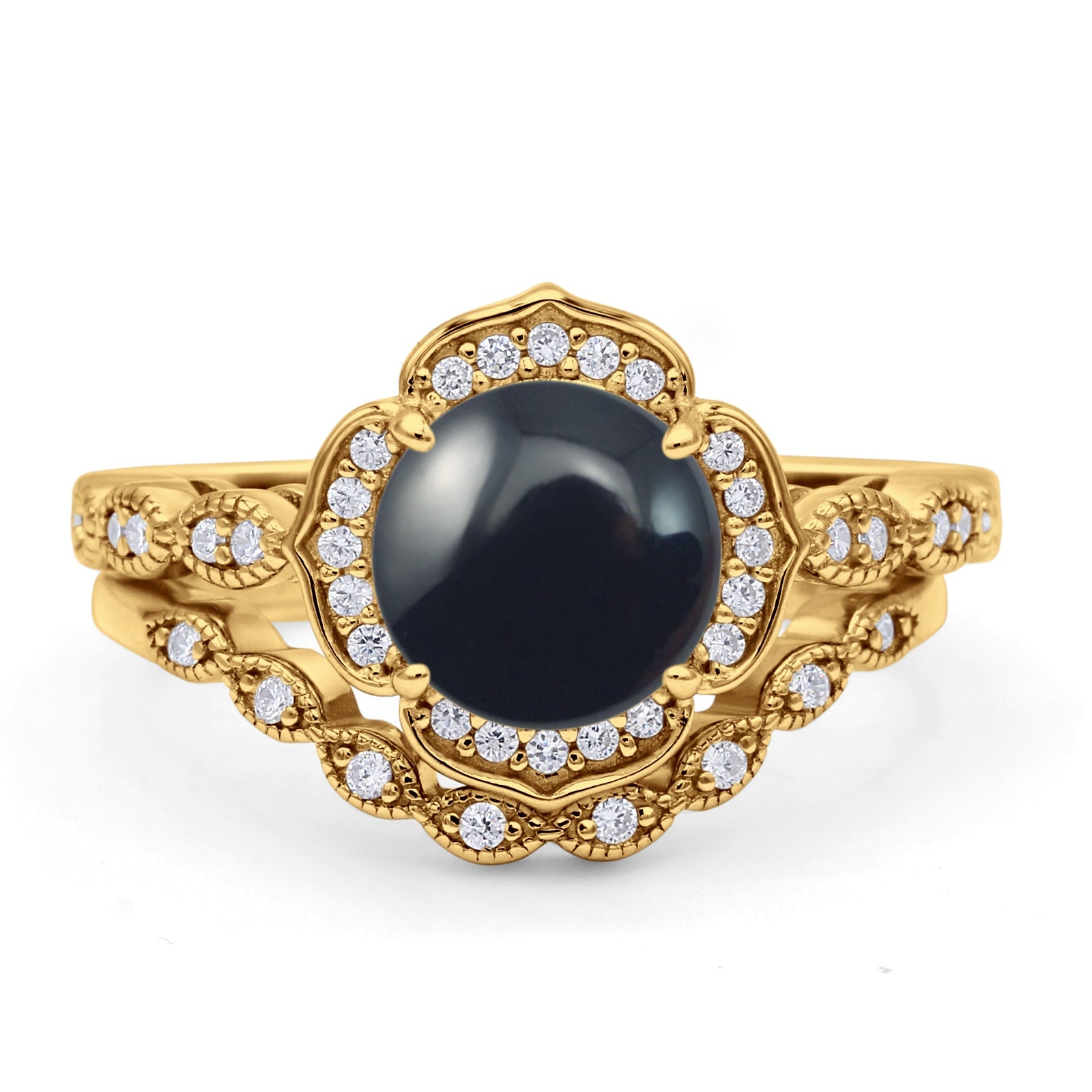 Vintage Style Round Natural Black Onyx Floral Bridal Set Engagement Ring