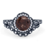 Vintage Style Round Natural Smoky Quartz Floral Bridal Set Engagement Ring