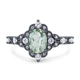 Halo Art Deco Oval Natural Green Amethyst Prasiolite Engagement Ring