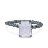 Hidden Halo Twisted Rope Emerald Cut Natural Moonstone Engagement Ring