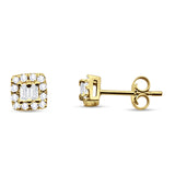 Solid 14K Gold 5mm Modern Square Round Baguette Diamond Stud Earrings Push Back