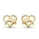 14K Yellow Gold Twisted Heart & Dolphin Stud Earring Birthday And Anniversary Gift 10mm