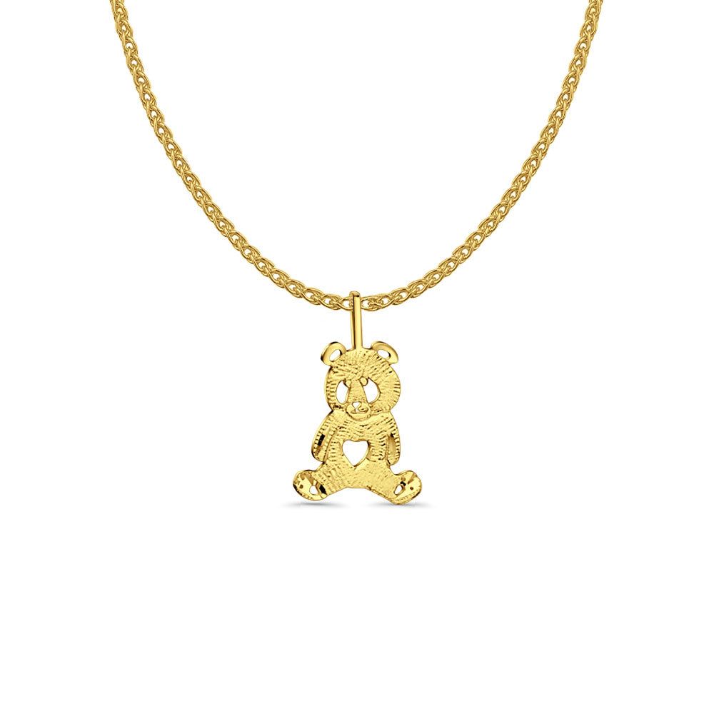 14K Yellow Gold Bear Pendant 18mmX12mm With 16 Inch To 22 Inch 1.2MM Width Flat Open Wheat Chain Necklace
