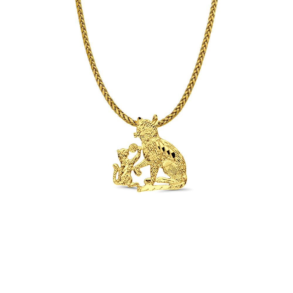 14K Yellow Gold Cats Pendant 16mmX16mm With 16 Inch To 24 Inch 0.9MM Width Wheat Chain Necklace