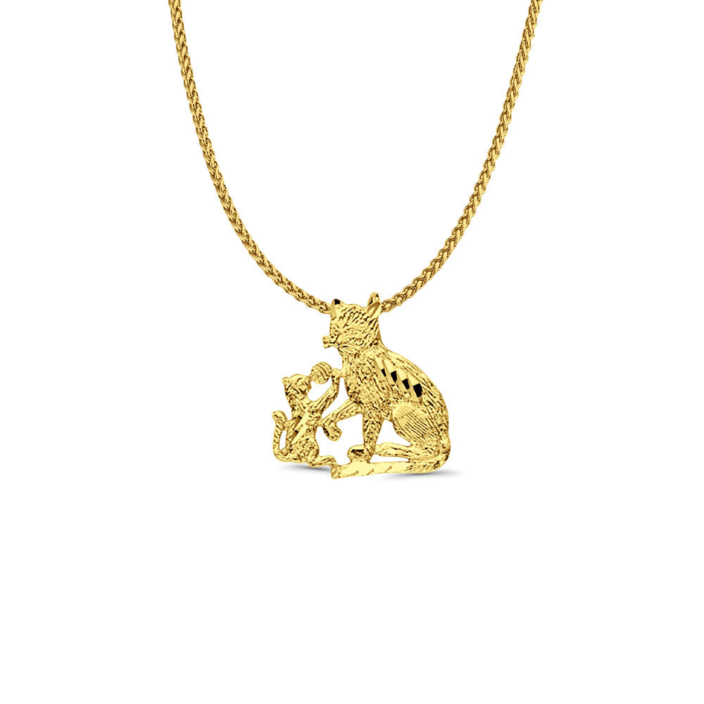 14K Yellow Gold Cats Pendant 16mmX16mm With 16 Inch To 24 Inch 0.8MM Width D.C. Round Wheat Chain Necklace