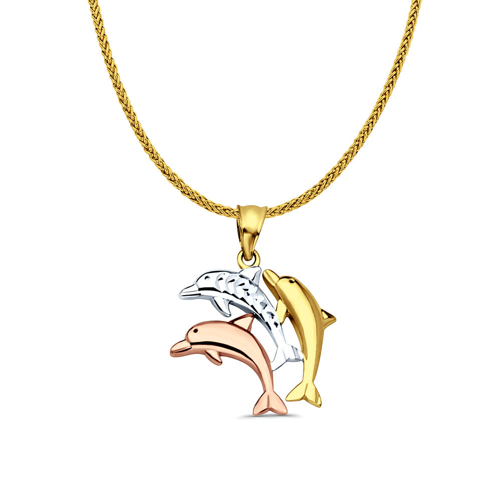14K Tri Color Gold Dolphin Pendant 25mmX17mm With 16 Inch To 24 Inch 0.8MM Width Square Wheat Chain Necklace