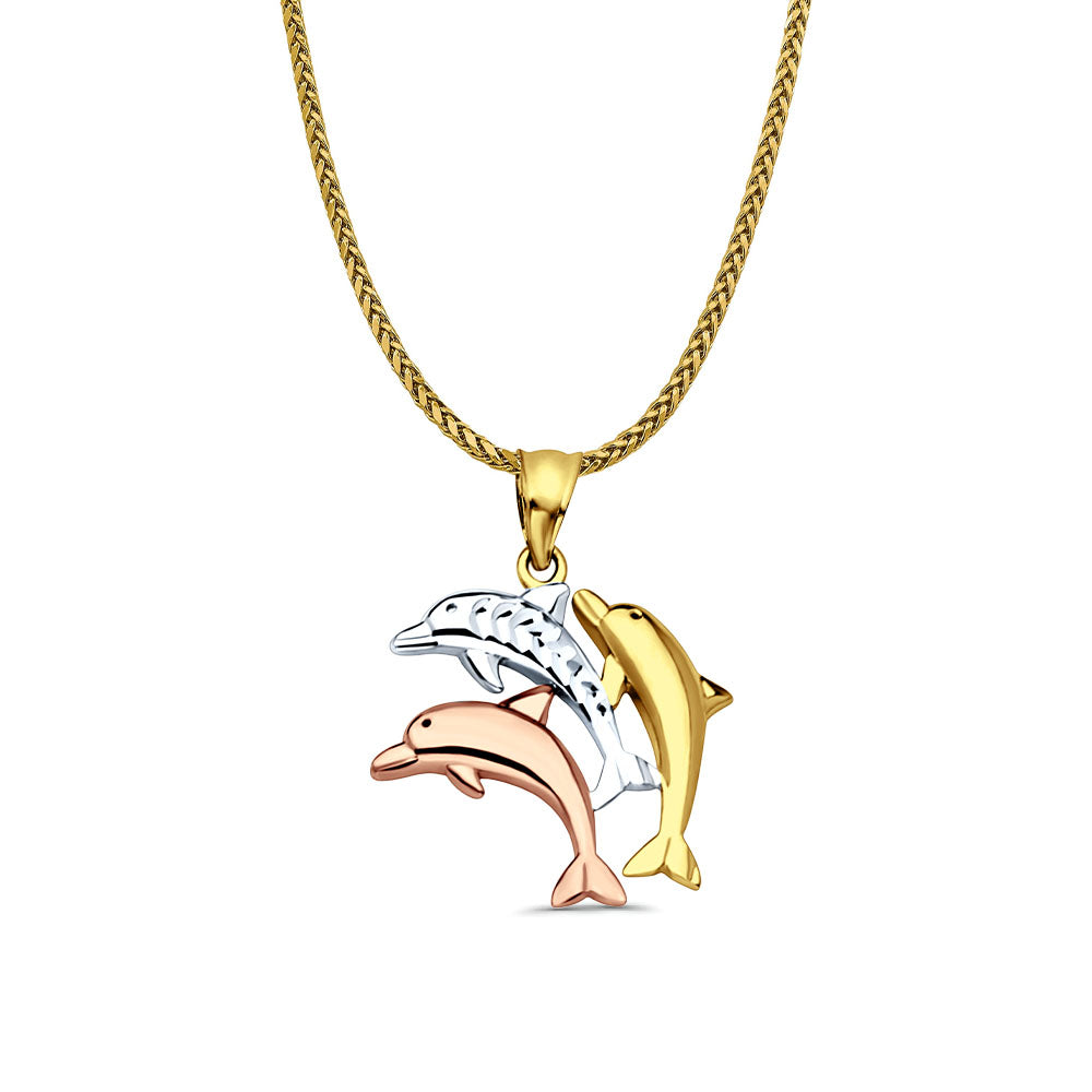 14K Tri Color Gold Dolphin Pendant 25mmX17mm With 16 Inch To 24 Inch 1.1MM Width Wheat Chain Necklace