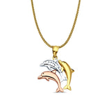 14K Tri Color Gold Dolphin Pendant 25mmX17mm With 16 Inch To 24 Inch 0.9MM Width Wheat Chain Necklace