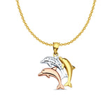 14K Tri Color Gold Dolphin Pendant 25mmX17mm With 16 Inch To 22 Inch 1.2MM Width Side DC Rolo Cable Chain Necklace
