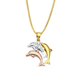 14K Tri Color Gold Dolphin Pendant 25mmX17mm With 16 Inch To 24 Inch 1.0MM Width Box Chain Necklace