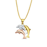 14K Tri Color Gold Dolphin Pendant 25mmX17mm With 16 Inch To 24 Inch 0.8MM Width Box Chain Necklace