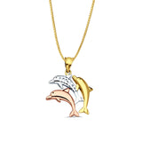 14K Tri Color Gold Dolphin Pendant 25mmX17mm With 16 Inch To 24 Inch 0.6MM Width Box Chain Necklace