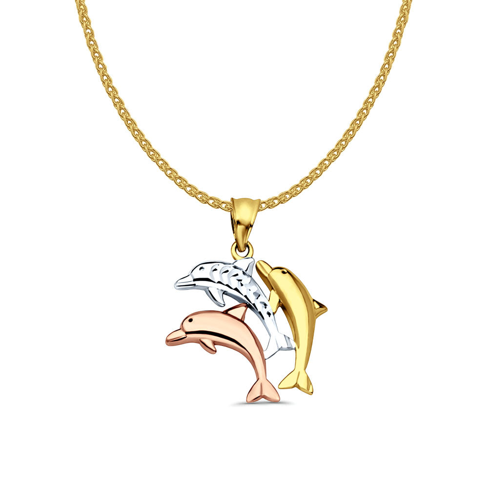14K Tri Color Gold Dolphin Pendant 25mmX17mm With 16 Inch To 22 Inch 1.2MM Width Flat Open Wheat Chain Necklace