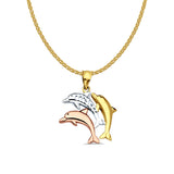 14K Tri Color Gold Dolphin Pendant 25mmX17mm With 16 Inch To 22 Inch 1.2MM Width Flat Open Wheat Chain Necklace