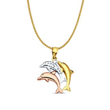 14K Tri Color Gold Dolphin Pendant 25mmX17mm With 16 Inch To 24 Inch 1.0MM Width D.C. Round Wheat Chain Necklace