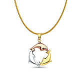 14K Tri Color Gold Dolphin Pendant 24mmX24mm With 16 Inch To 24 Inch 0.8MM Width Square Wheat Chain Necklace