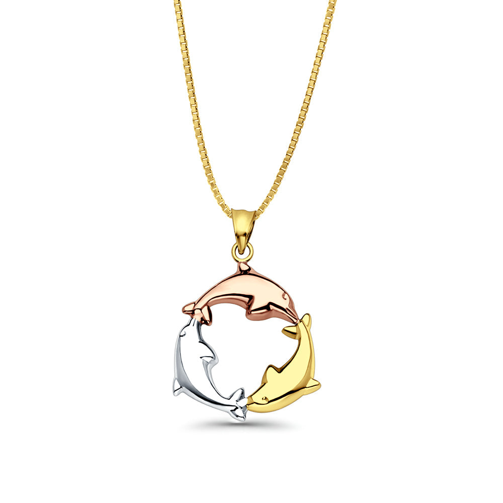 14K Tri Color Gold Dolphin Pendant 24mmX24mm With 16 Inch To 24 Inch 0.6MM Width Box Chain Necklace