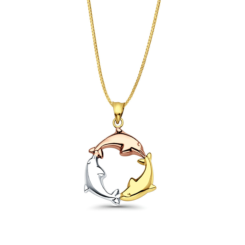 14K Tri Color Gold Dolphin Pendant 24mmX24mm With 16 Inch To 22 Inch 0.5MM Width Box Chain Necklace