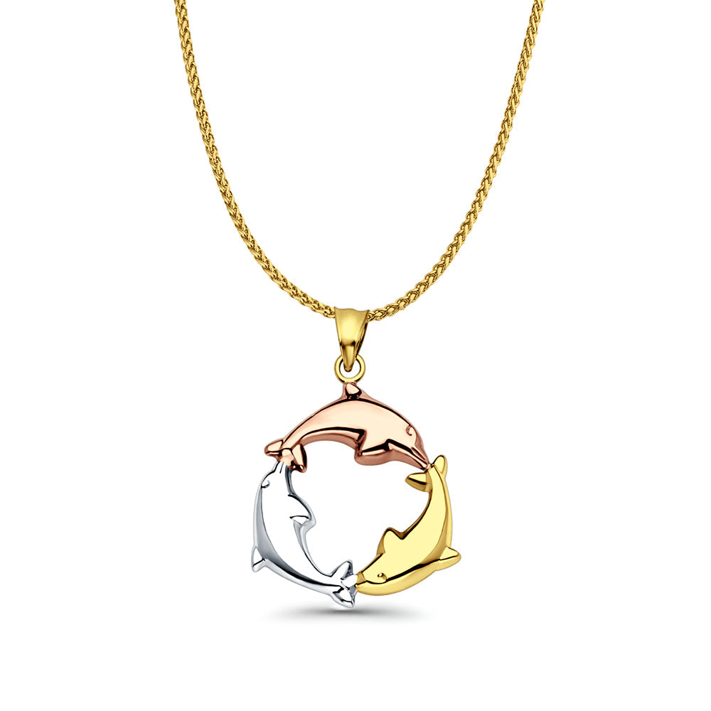 14K Tri Color Gold Dolphin Pendant 24mmX24mm With 16 Inch To 24 Inch 1.0MM Width D.C. Round Wheat Chain Necklace