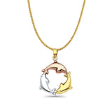 14K Tri Color Gold Dolphin Pendant 24mmX24mm With 16 Inch To 24 Inch 1.0MM Width D.C. Round Wheat Chain Necklace