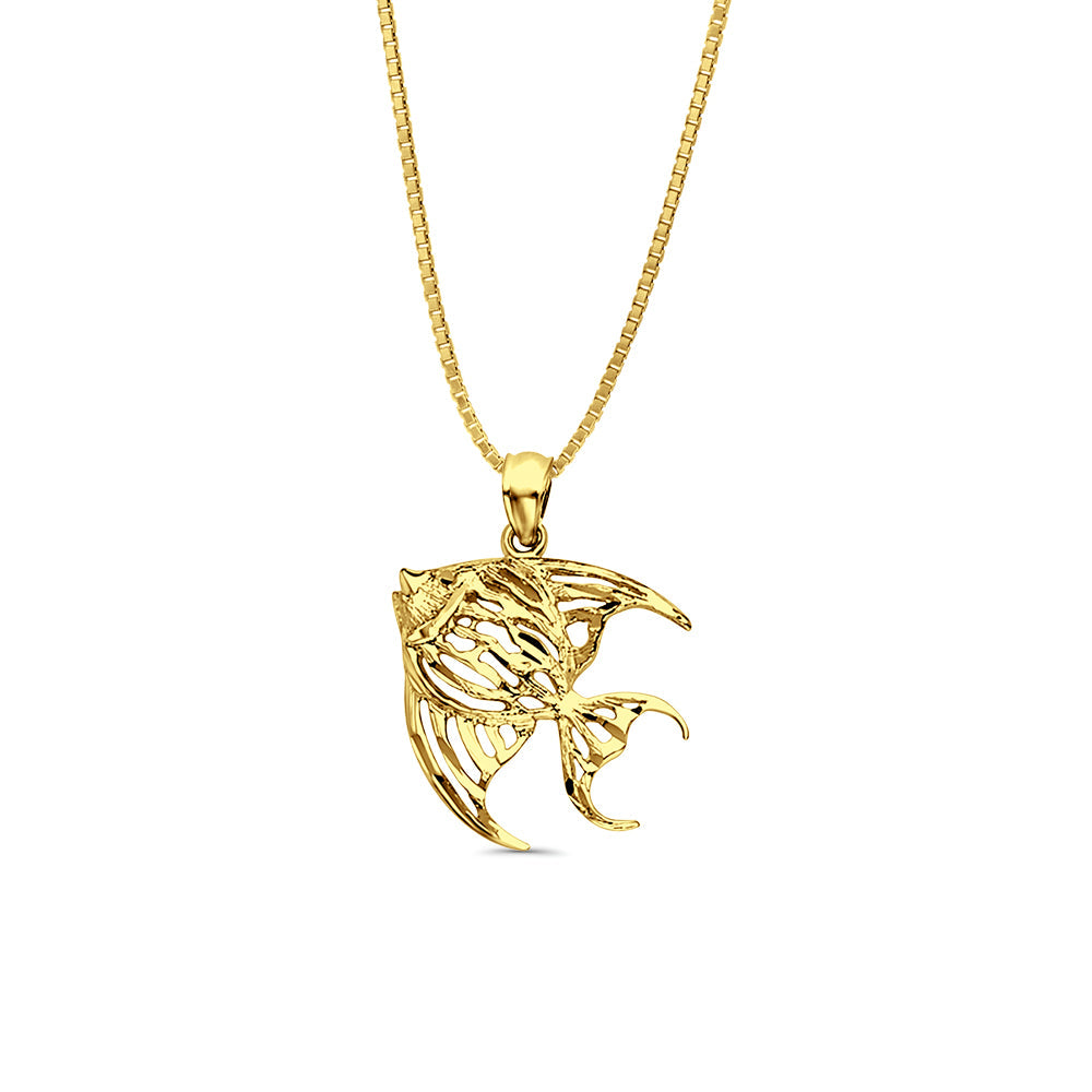 14K Yellow Gold Fish Pendant 23mmX14mm With 16 Inch To 24 Inch 0.6MM Width Box Chain Necklace