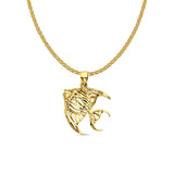 14K Yellow Gold Fish Pendant 23mmX14mm With 16 Inch To 22 Inch 1.2MM Width Flat Open Wheat Chain Necklace