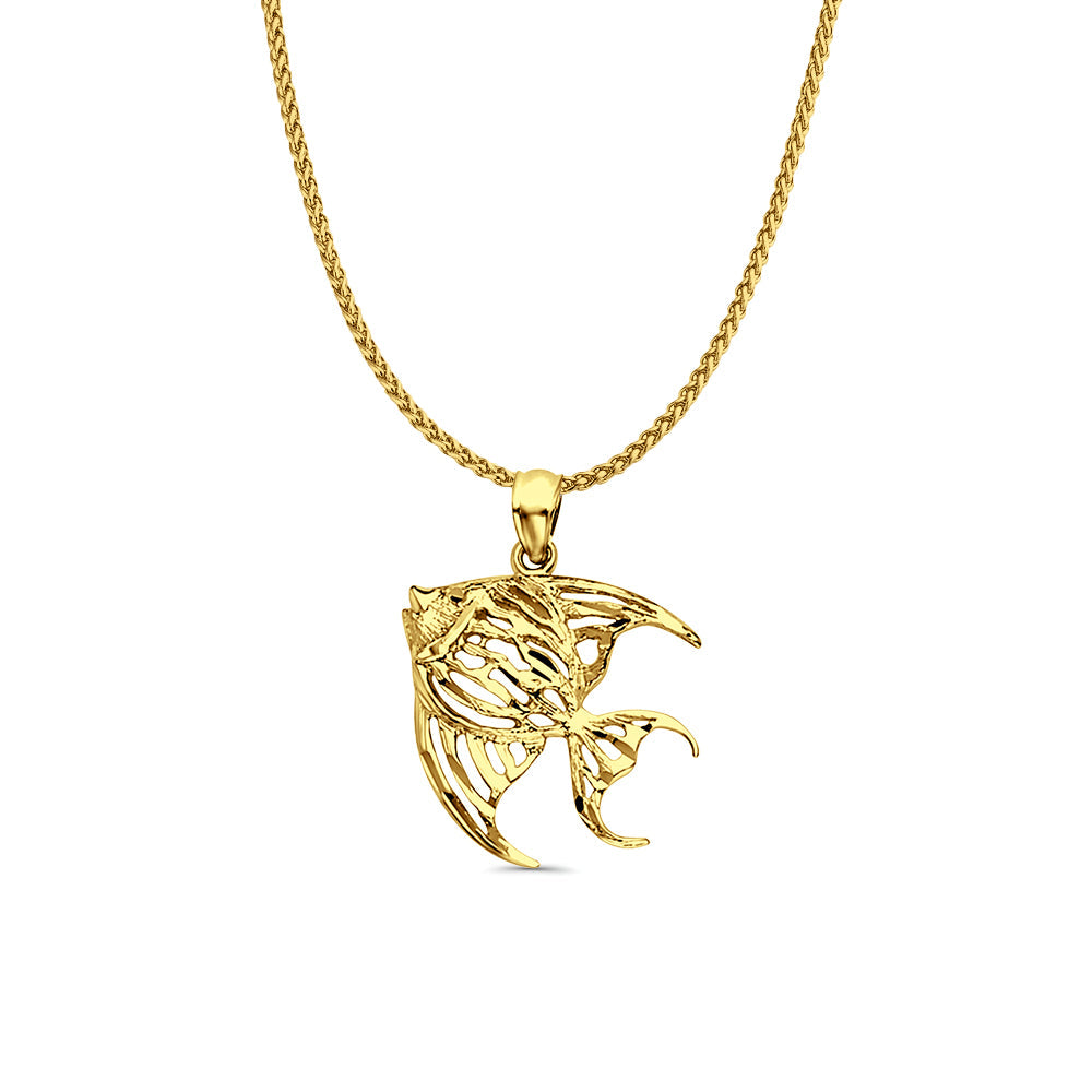 14K Yellow Gold Fish Pendant 23mmX14mm With 16 Inch To 24 Inch 0.8MM Width D.C. Round Wheat Chain Necklace