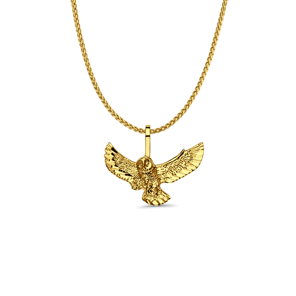 14K Yellow Gold Owl Pendant 15mmX20mm With 16 Inch To 24 Inch 1.0MM Width DC Round Wheat Chain Necklace
