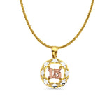 14K Tri Color Gold 15 Years Pendant 23mmX15mm With 16 Inch To 24 Inch 0.8MM Width Square Wheat Chain Necklace