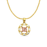 14K Tri Color Gold 15 Years Pendant 23mmX15mm With 16 Inch To 22 Inch 1.2MM Width Side DC Rolo Cable Chain Necklace