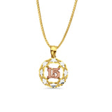 14K Tri Color Gold 15 Years Pendant 23mmX15mm With 16 Inch To 20 Inch 1.0MM Width Box Chain Necklace