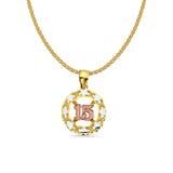 14K Tri Color Gold 15 Years Pendant 23mmX15mm With 16 Inch To 22 Inch 1.2MM Width Flat Open Wheat Chain Necklace