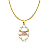 14K Tri Color Gold 15 Years Pendant 26mmX14mm With 16 Inch To 24 Inch 0.8MM Width Square Wheat Chain Necklace