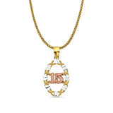 14K Tri Color Gold 15 Years Pendant 26mmX14mm With 16 Inch To 24 Inch 1.1MM Width Wheat Chain Necklace