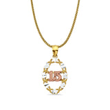 14K Tri Color Gold 15 Years Pendant 26mmX14mm With 16 Inch To 24 Inch 0.9MM Width Wheat Chain Necklace