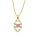 14K Tri Color Gold 15 Years Pendant 26mmX14mm With 16 Inch To 24 Inch 0.8MM Width Box Chain Necklace