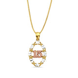 14K Tri Color Gold 15 Years Pendant 26mmX14mm With 16 Inch To 24 Inch 0.6MM Width Box Chain Necklace