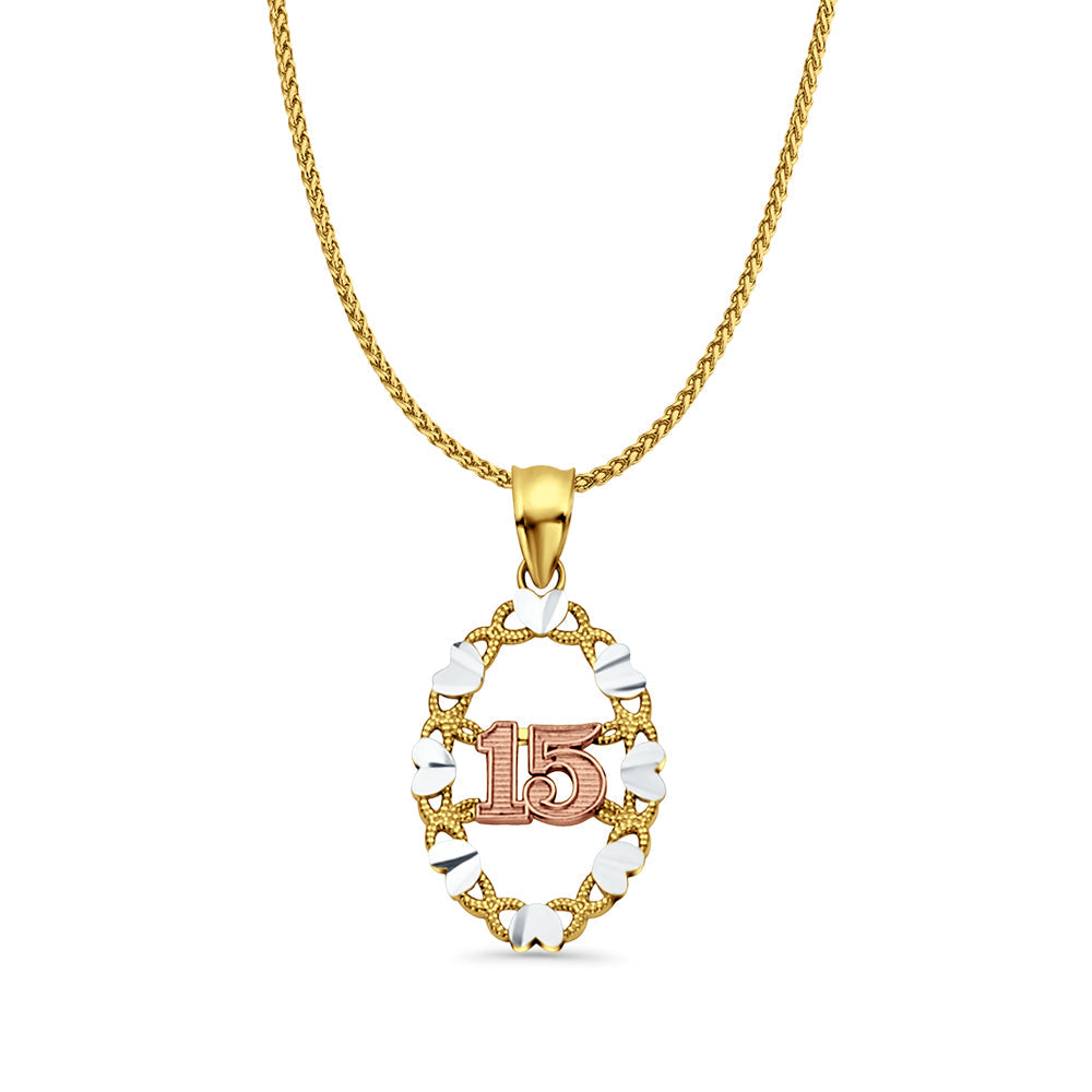14K Tri Color Gold 15 Years Pendant 26mmX14mm With 16 Inch To 24 Inch 1.0MM Width D.C. Round Wheat Chain Necklace