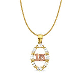 14K Tri Color Gold 15 Years Pendant 26mmX14mm With 16 Inch To 24 Inch 1.0MM Width D.C. Round Wheat Chain Necklace