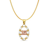 14K Tri Color Gold 15 Years Pendant 26mmX14mm With 16 Inch To 22 Inch 1.2MM Width Angle Cut Oval Rolo Chain Necklace