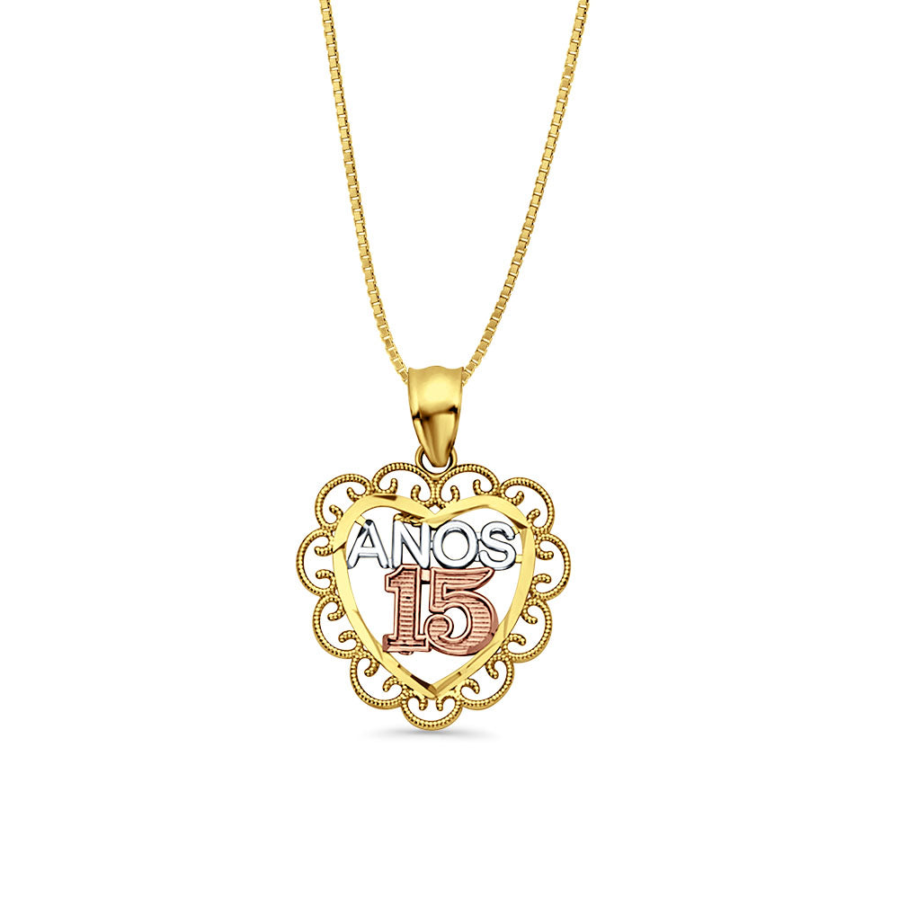 14K Tri Color Gold Anos 15 Pendant 24mmX18mm With 16 Inch To 22 Inch 0.5MM Width Box Chain Necklace